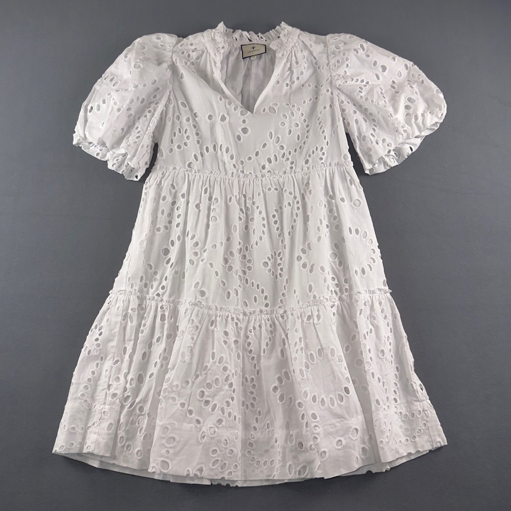 Tuckernuck White Eyelet Palmer Dress Puff Sleeve Tiered Mini XS